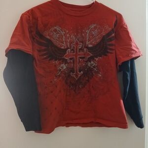 Boys Red Layered Graphic Long Sleeve Tee with Winged Cross